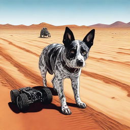 A highly realistic illustration of an Australian blue heeler standing in the desert, looking at the tracks of a robot heading out of shot in the sand