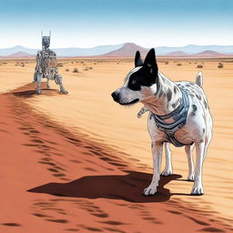 A highly realistic illustration of an Australian blue heeler standing in the desert, looking at the tracks of a robot heading out of shot in the sand