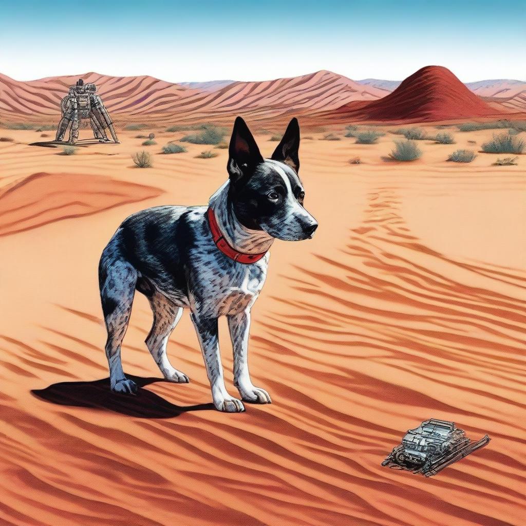 A highly realistic illustration of an Australian blue heeler standing in the desert, looking at the tracks of a robot heading out of shot in the sand