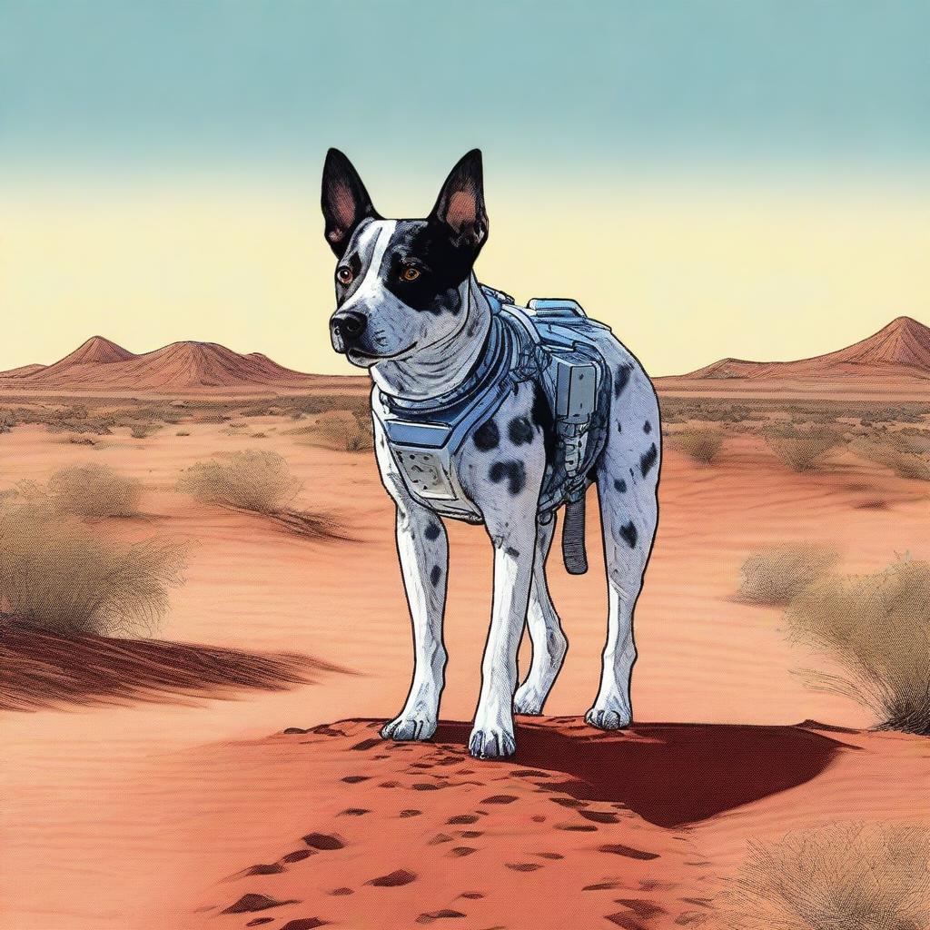 A highly realistic illustration of an Australian blue heeler standing in the desert, looking at the tracks of a robot heading out into the desert