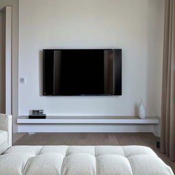 A lavish living room featuring a flat-screen TV mounted on a wall and a cozy white sofa.