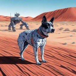 A highly realistic illustration of an Australian blue heeler standing in the desert, looking at the tracks of a robot heading out into the desert