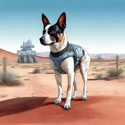 A highly realistic illustration of an Australian blue heeler standing in the desert, looking at the tracks of a robot heading out into the desert