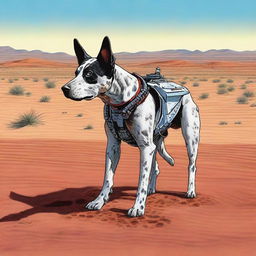 A highly realistic illustration of an Australian blue heeler standing in the desert, looking at the tracks of a robot heading out into the desert