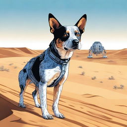 A realistic illustration of an Australian Blue Heeler standing in a desert landscape