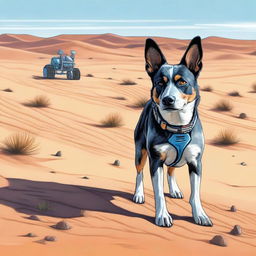 A realistic illustration of an Australian Blue Heeler standing in a desert landscape