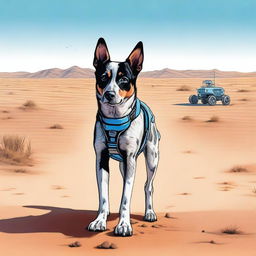 A realistic illustration of an Australian Blue Heeler standing in a desert landscape