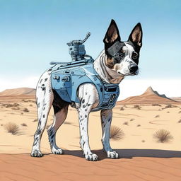 A realistic illustration of an Australian Blue Heeler standing in a desert landscape