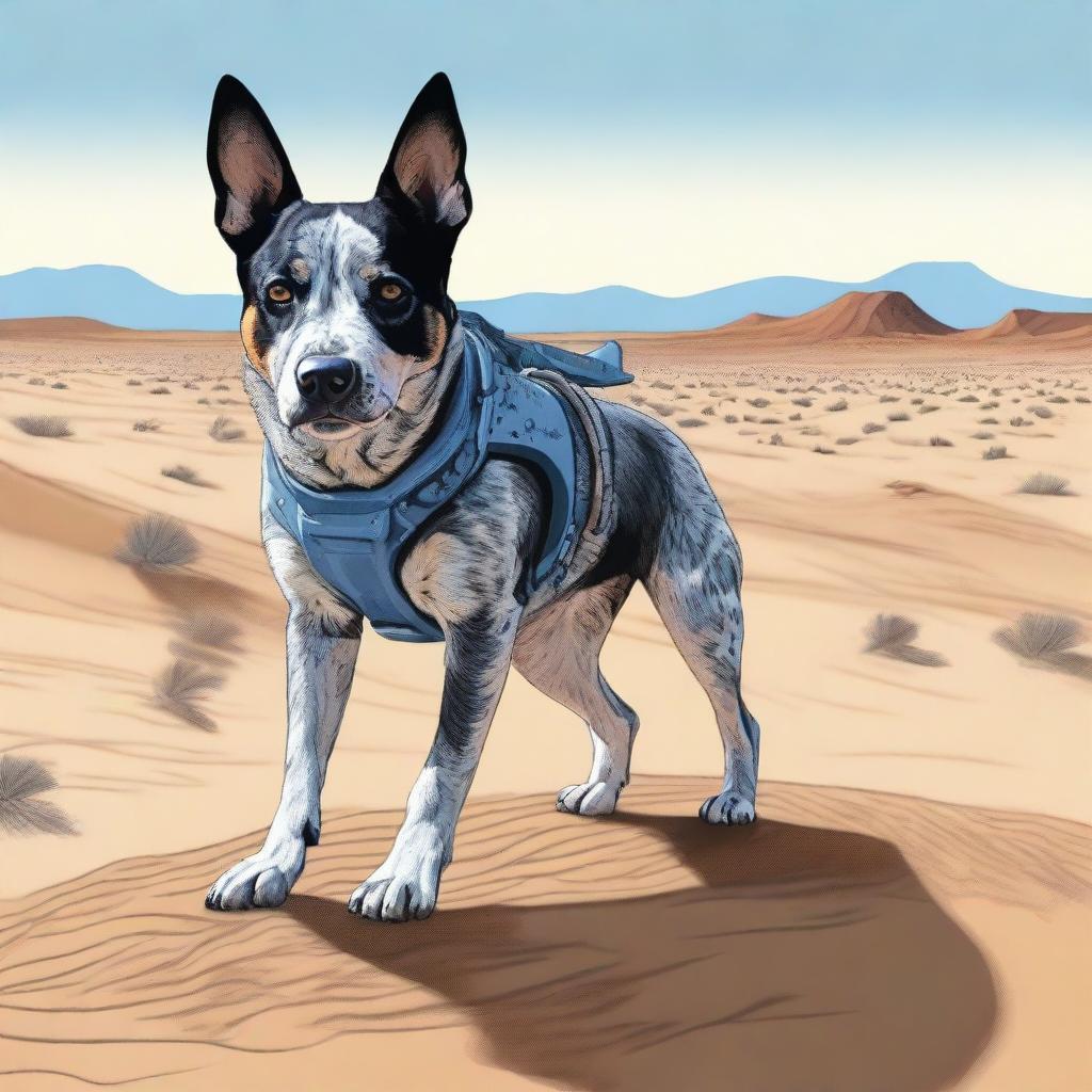 A detailed and realistic illustration of an Australian blue heeler standing in a desert landscape