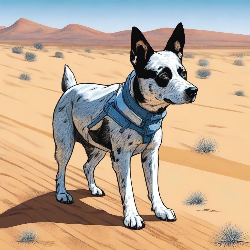 A detailed and realistic illustration of an Australian blue heeler standing in a desert landscape