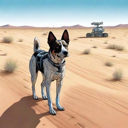 A detailed and realistic illustration of an Australian blue heeler standing in a desert landscape