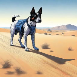 A detailed and realistic illustration of an Australian blue heeler standing in a desert landscape