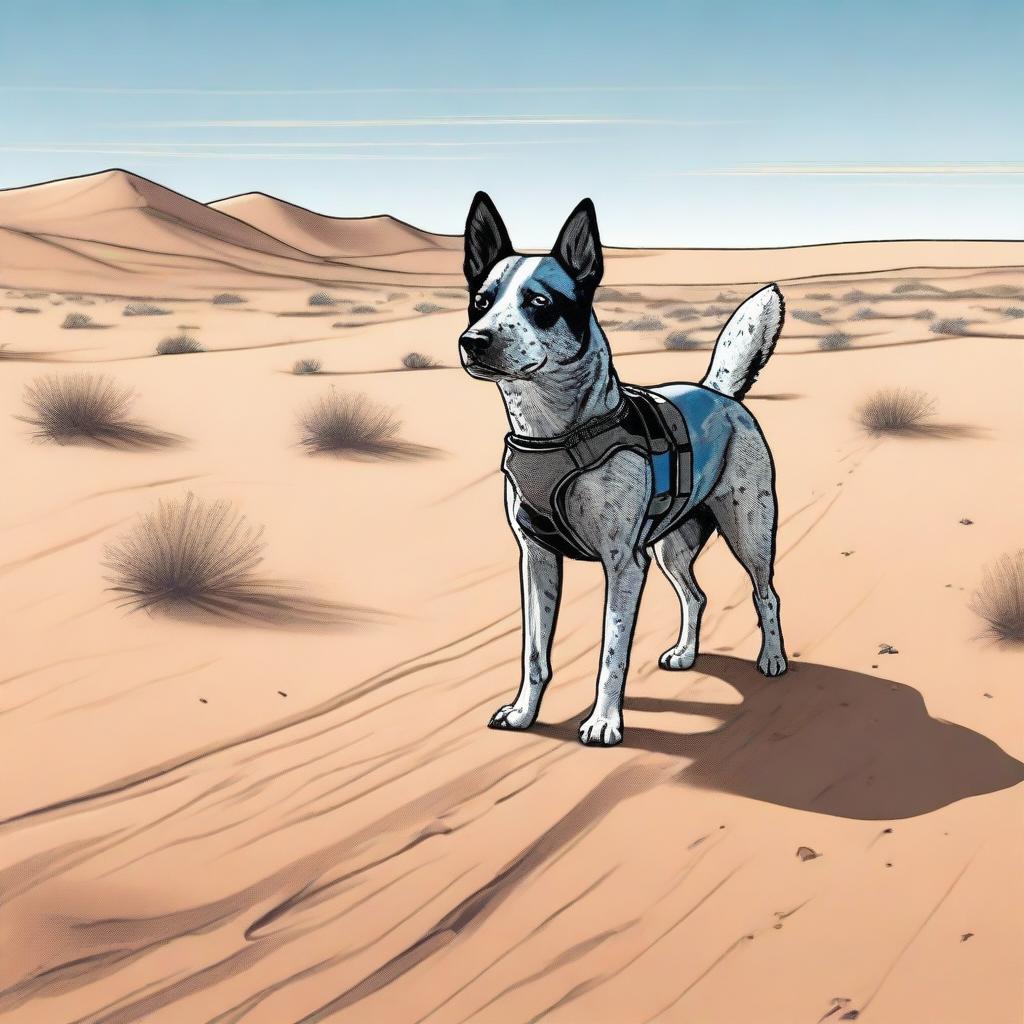 A detailed and realistic illustration of an Australian blue heeler standing in a desert landscape