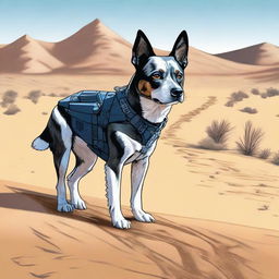 A detailed and realistic illustration of an Australian blue heeler standing in a desert landscape