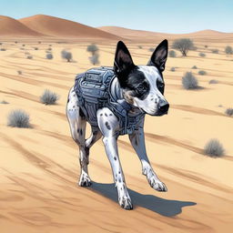 A detailed and realistic illustration of an Australian blue heeler standing in a desert landscape