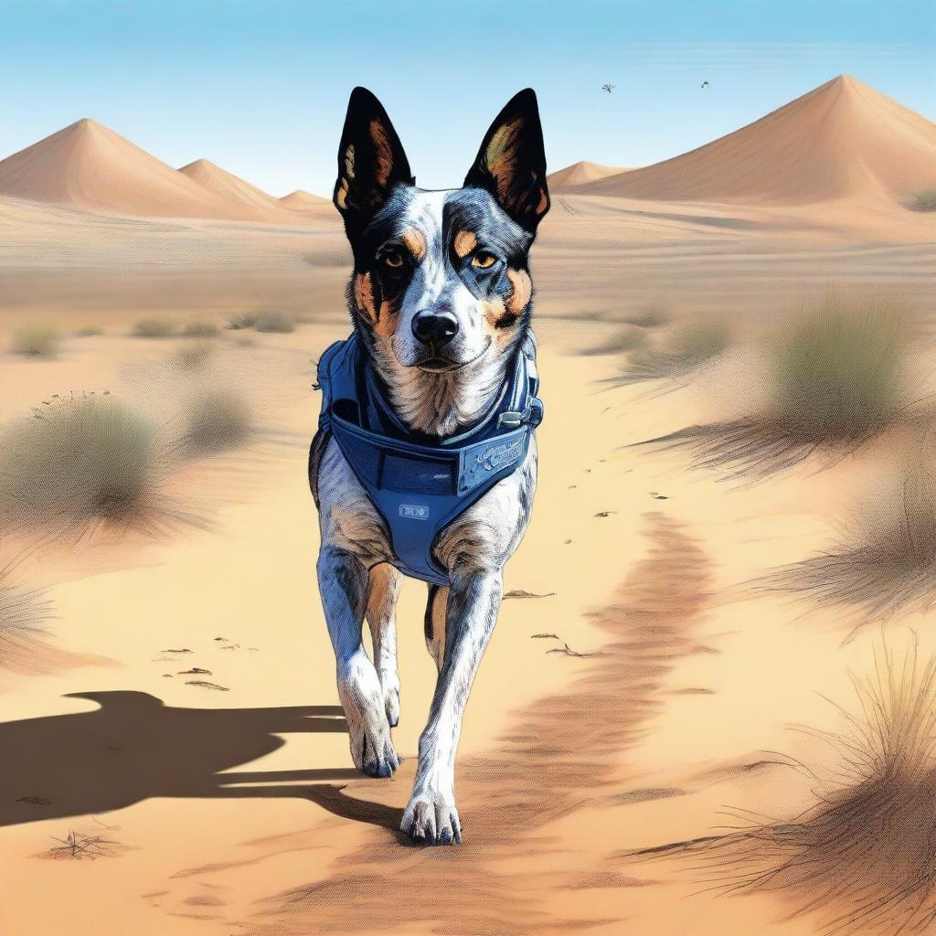 A detailed and realistic illustration of an Australian blue heeler standing in a desert landscape