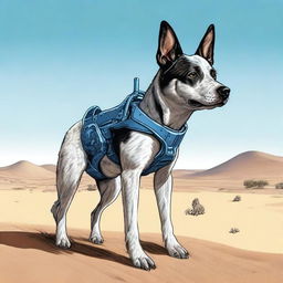 A detailed and realistic illustration of an Australian blue heeler standing in a desert landscape