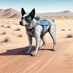 A detailed and realistic illustration of an Australian blue heeler standing in a desert landscape