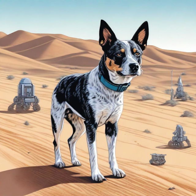 A detailed and realistic illustration of an Australian blue heeler standing in a desert landscape