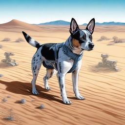 A detailed and realistic illustration of an Australian blue heeler standing in a desert landscape