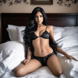 A depiction of an Indian girl with long black hair, wearing black lingerie, lying on a bed