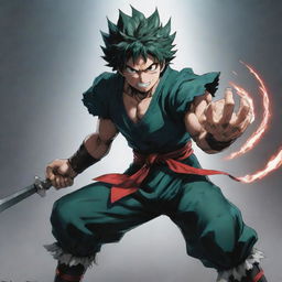 An artistic portrayal of Izuku, named 'The Vanquisher', featuring him in a heroic pose showcasing his strength and determination.