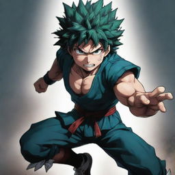 An artistic portrayal of Izuku, named 'The Vanquisher', featuring him in a heroic pose showcasing his strength and determination.