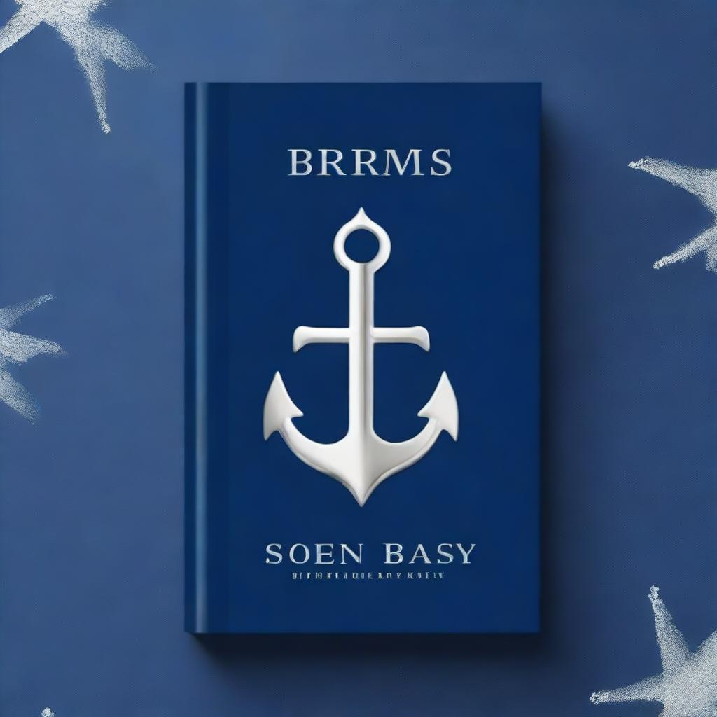 Create a simple book cover that is dark blue with a large silver trident in the center