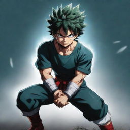 An artistic portrayal of Izuku, named 'The Vanquisher', featuring him in a heroic pose showcasing his strength and determination.