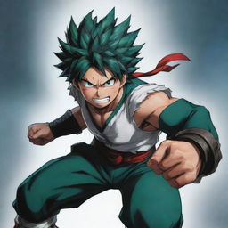 An artistic portrayal of Izuku, named 'The Vanquisher', featuring him in a heroic pose showcasing his strength and determination.