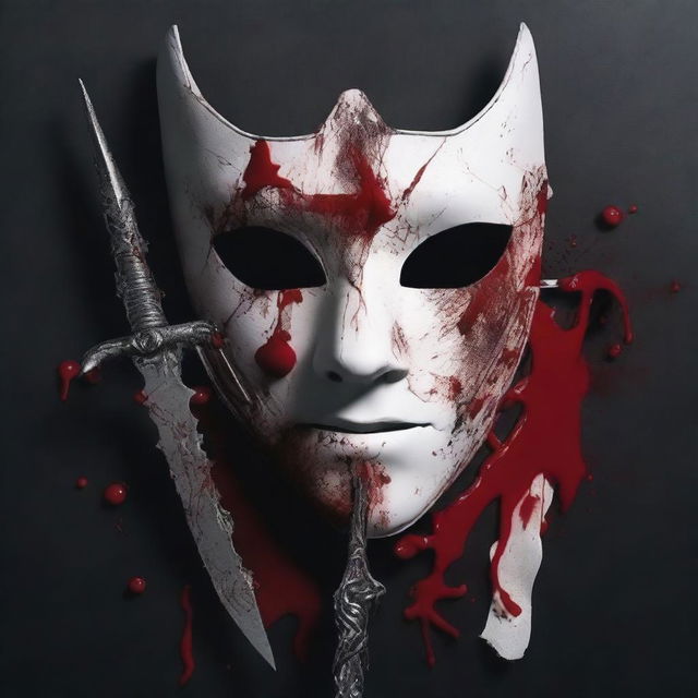 A book cover featuring a masquerade ball mask with a dagger in the middle of it, covered in blood