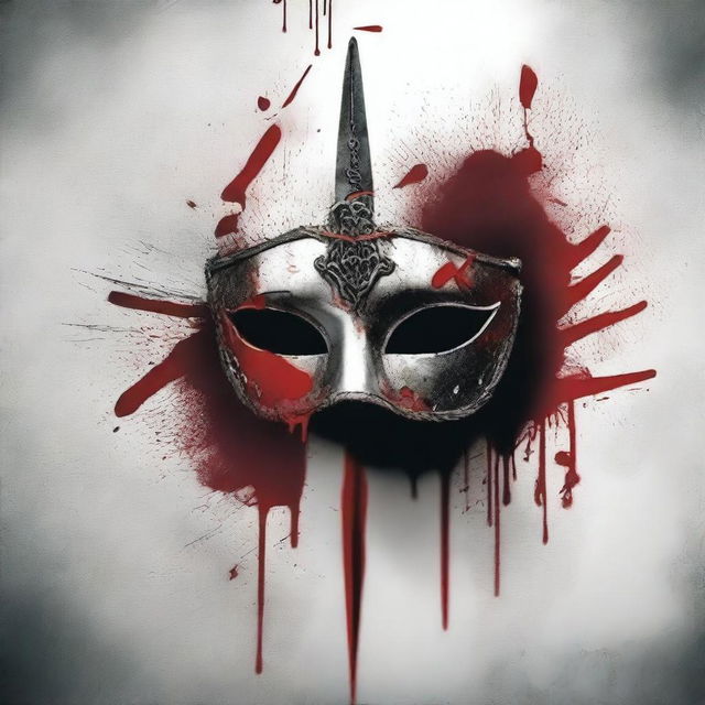 A book cover featuring a masquerade ball mask with a dagger dripping blood onto the mask from the air