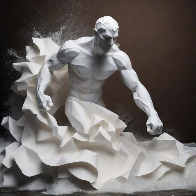 A man made of paper, in a dramatic stance, fighting against rushing water. Show the contrast between the fragile paper texture and the powerful water.