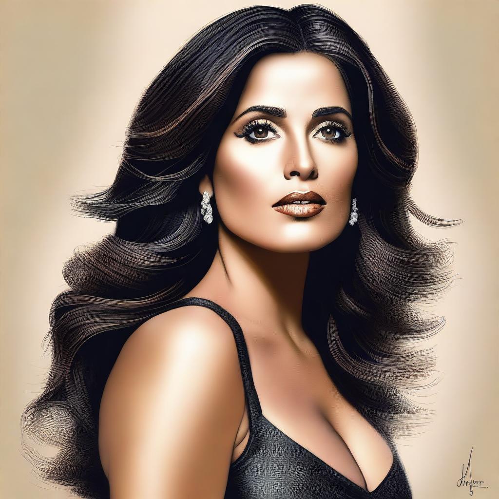 A detailed and realistic portrait of Salma Hayek, capturing her elegance and beauty