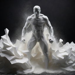 A man made of paper, in a dramatic stance, fighting against rushing water. Show the contrast between the fragile paper texture and the powerful water.