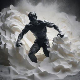 A man made of paper, in a dramatic stance, fighting against rushing water. Show the contrast between the fragile paper texture and the powerful water.