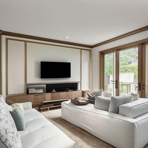 A lavish living room featuring a flat-screen TV mounted on a wall and a cozy white sofa.