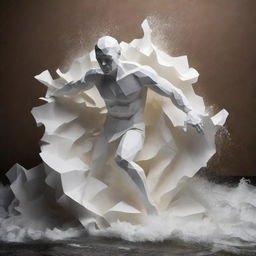 A man made of paper, in a dramatic stance, fighting against rushing water. Show the contrast between the fragile paper texture and the powerful water.