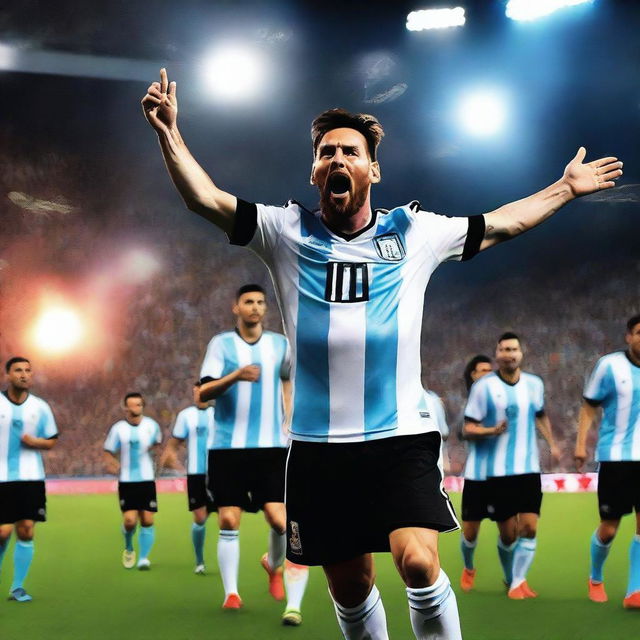 Imagine a dramatic and heroic scene where Lionel Messi, at the center of the composition, radiates determination and leadership as the captain of the Argentine national football team