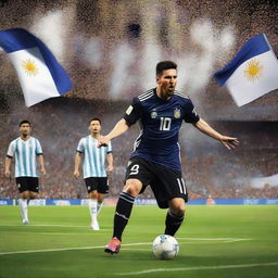 Imagine a dramatic and heroic scene where Lionel Messi, at the center of the composition, radiates determination and leadership as the captain of the Argentine national football team