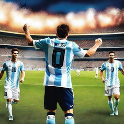 Imagine a dramatic and heroic scene where Lionel Messi, at the center of the composition, radiates determination and leadership as the captain of the Argentine national football team