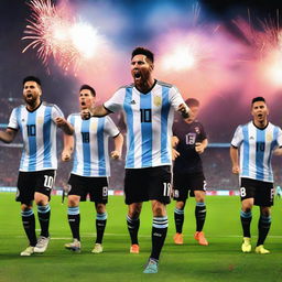 Imagine a dramatic and heroic scene where Lionel Messi, at the center of the composition, radiates determination and leadership as the captain of the Argentine national football team