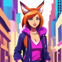 Create an image of Sasha Foxxx, a fictional character with fox ears and a tail, wearing a stylish outfit in a vibrant urban setting