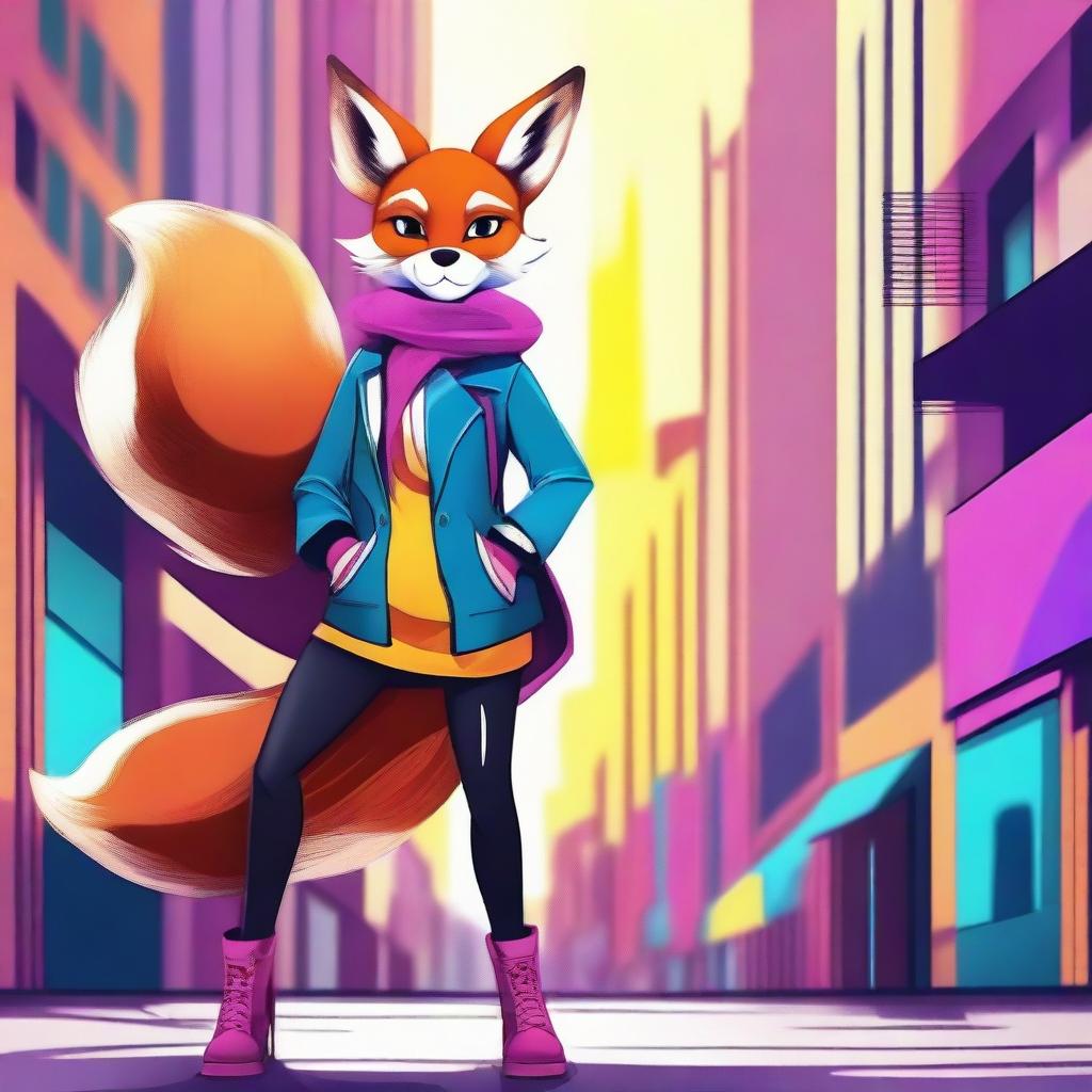 Create an image of Sasha Foxxx, a fictional character with fox ears and a tail, wearing a stylish outfit in a vibrant urban setting