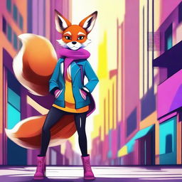 Create an image of Sasha Foxxx, a fictional character with fox ears and a tail, wearing a stylish outfit in a vibrant urban setting