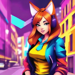 Create an image of Sasha Foxxx, a fictional character with fox ears and a tail, wearing a stylish outfit in a vibrant urban setting