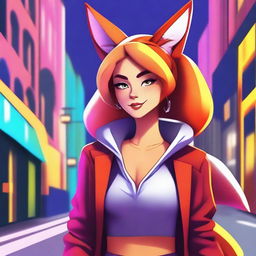 Create an image of Sasha Foxxx, a fictional character with fox ears and a tail, wearing a stylish outfit in a vibrant urban setting