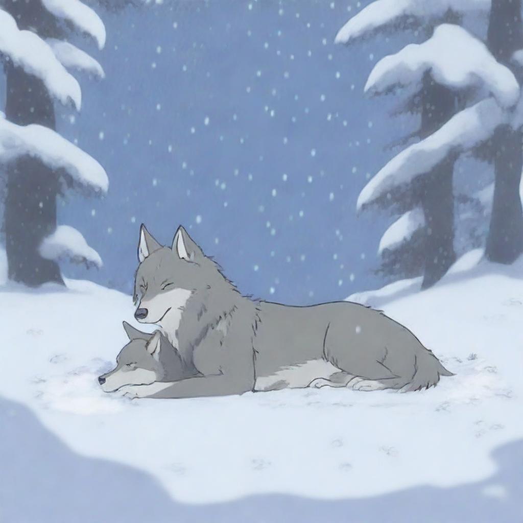 A heart-wrenching scene of a wolf mother lying lifeless, covered in snow, while her baby wolf cries and tries to wake her up