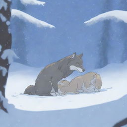 A heart-wrenching scene of a wolf mother lying lifeless, covered in snow, while her baby wolf cries and tries to wake her up