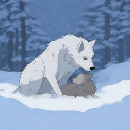 A heart-wrenching scene of a wolf mother lying lifeless, covered in snow, while her baby wolf cries and tries to wake her up